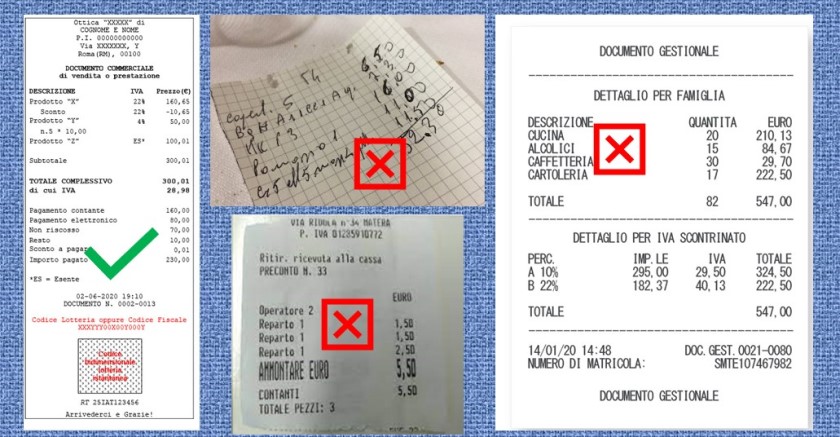 La certificazione di vendite e prestazioni di servizi: Fatture (elettroniche o no), Documenti commerciali (scontrini/ricevute elettronici) e altri documenti informali